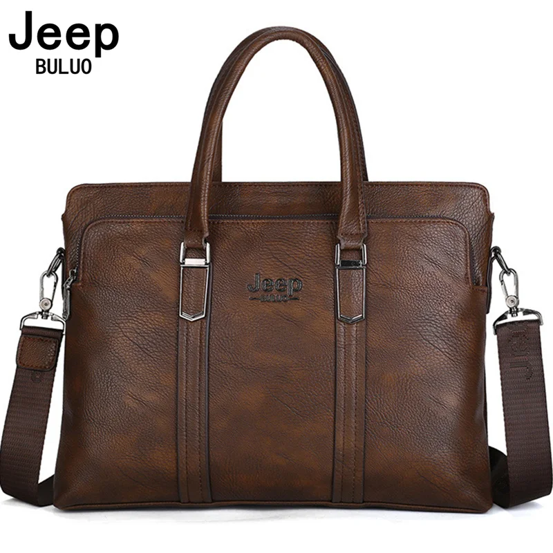 JEEP BULUO Men Fashion Shoulder PU Leather Business Bags Handbags Black
