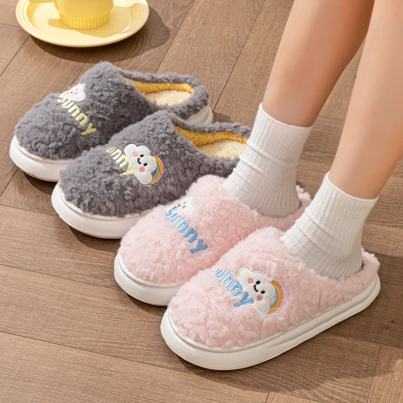 Home Lovely Fluffy Slippers Women 2025 Winter Thick Bottom Non Slip Cotton Slippers Woman Indoor Soft Sole Warm Plush Slides
