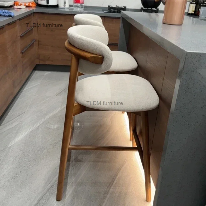 Nordic Light Luxury Solid Wood Bar Chairs Modern Home Kitchen High Bar Stools Designer Fabric Backrest Stools for Furniture