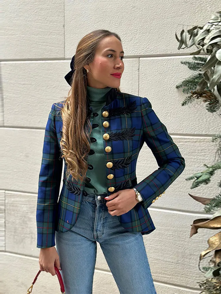 

Vintage Contrasting Plaid Short Coat For Women Fashion Stand Collar Gold Single Breasted Jacket Female High Street Fit Outerwear