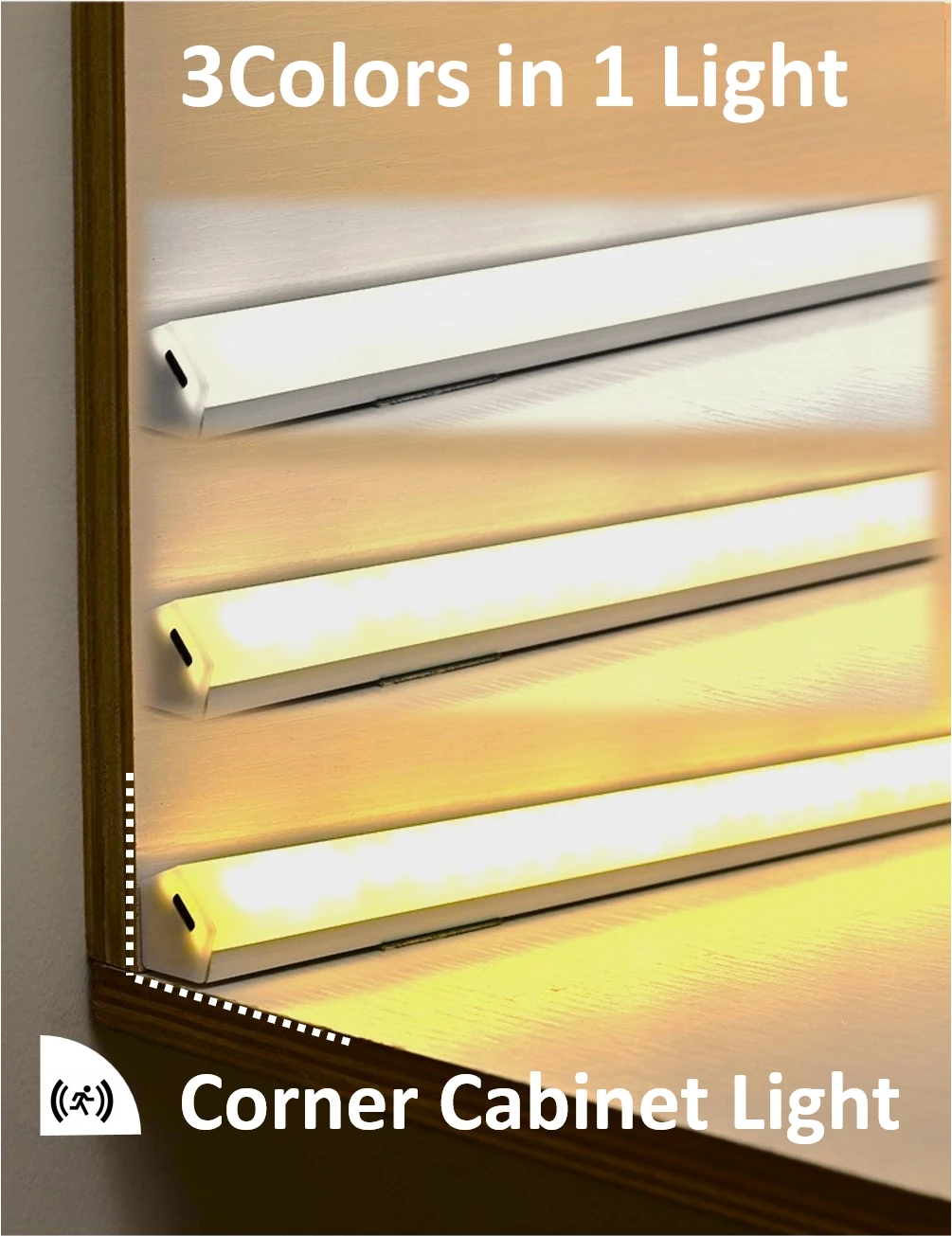 3Colors in 1Intelligent Motion Sensor LED Wireless Under Cabinet Corner Lights Type-C Rechargeable for Kitchen Gradevin Stairs