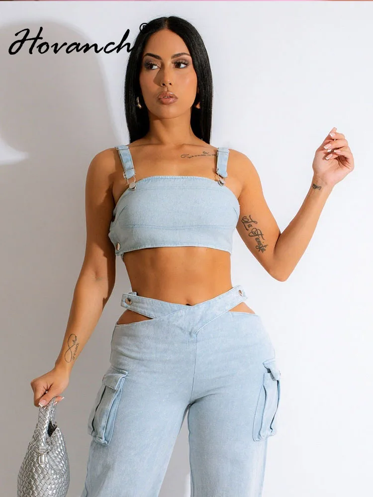 

Hovanch сексуальный джинсовый топ с запахом на бретельках для женщин Лето 2023 Harajuku уличная одежда Y2K Клубная одежда