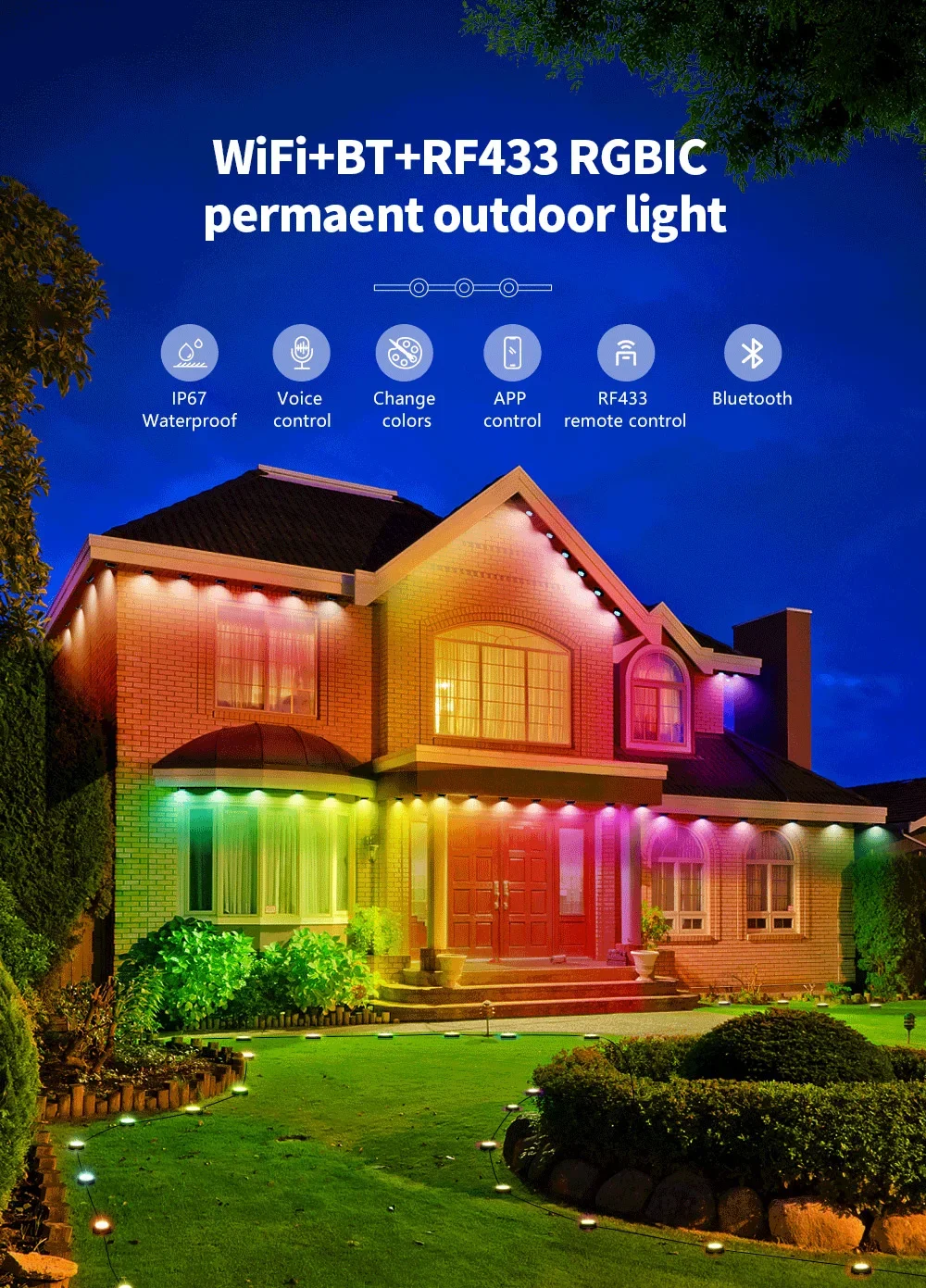 Tuya WiFi Outdoor Eaves Lights,15M 30 LED IP67 Waterproof,RF433,Smart Life DIY A