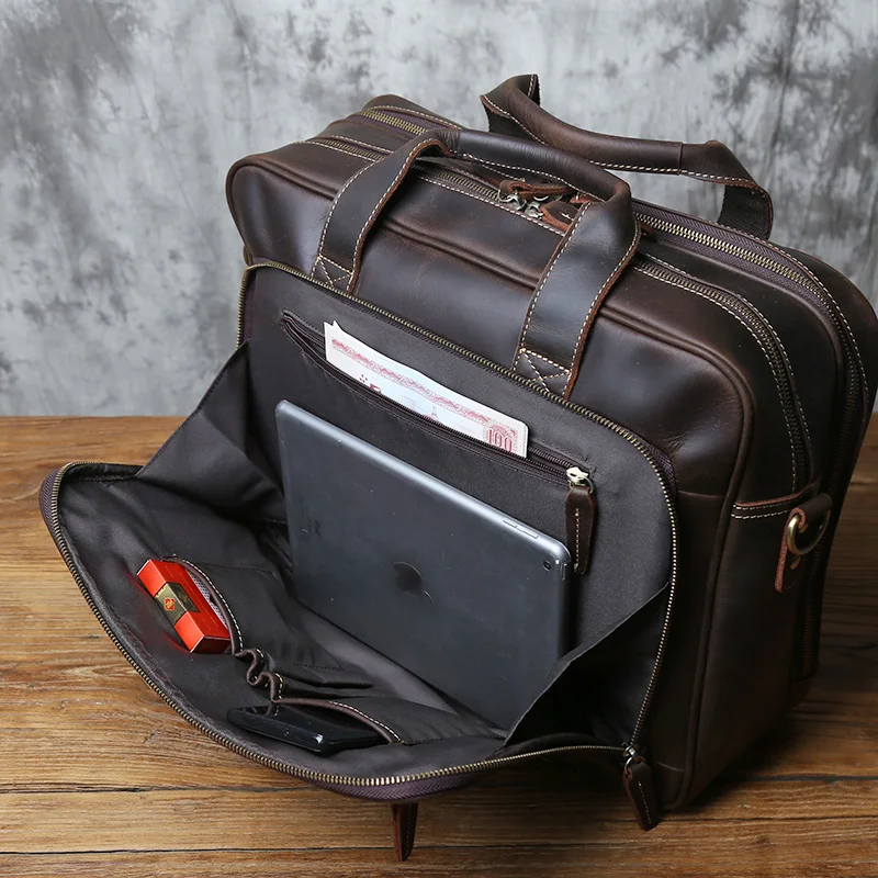 NZPJ Retro Genuine Leather Men's briefcase Large Capacity Head layer Leather Handbag Crazy Horse Leather For 17 Inch Laptops
