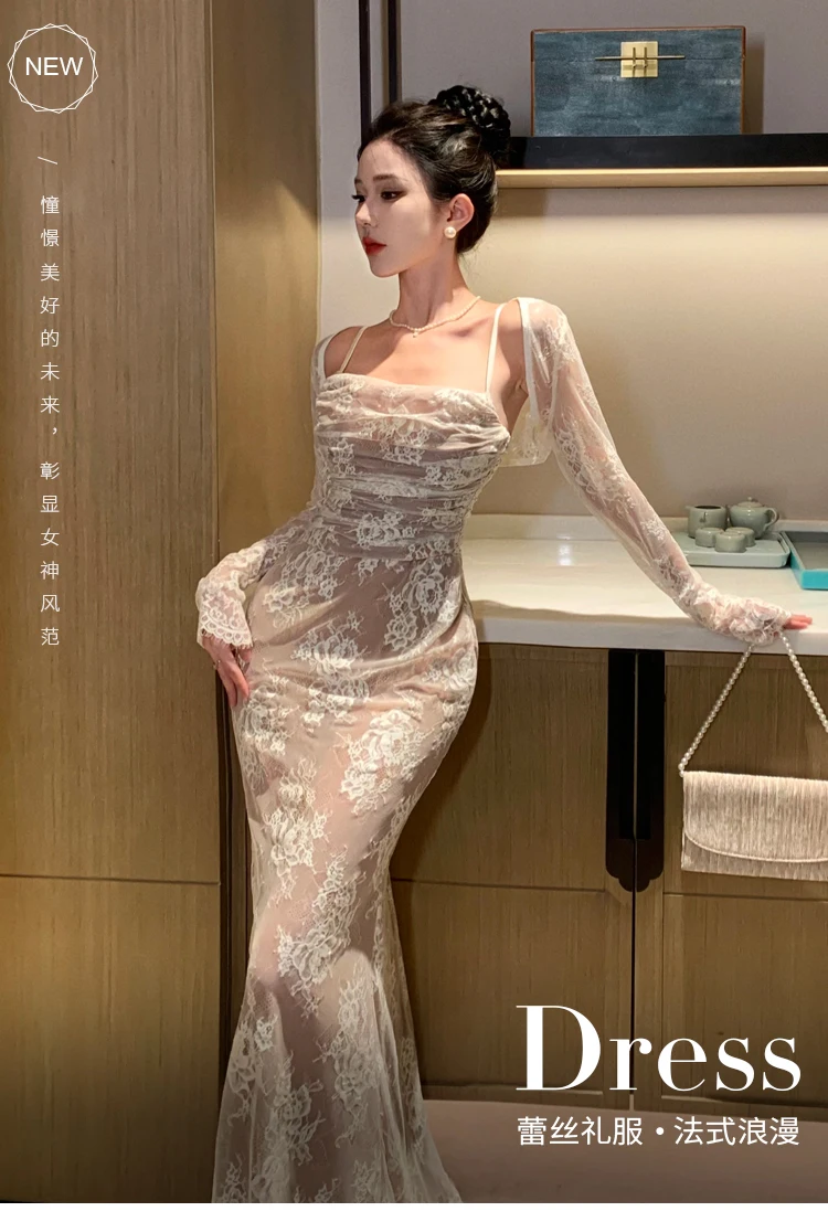 Sexy Bodycon Lace Long Dresses for Women Wedding Party Dress Spaghetti Strap with Smock French Vintage Evening Maxi Vestidos New