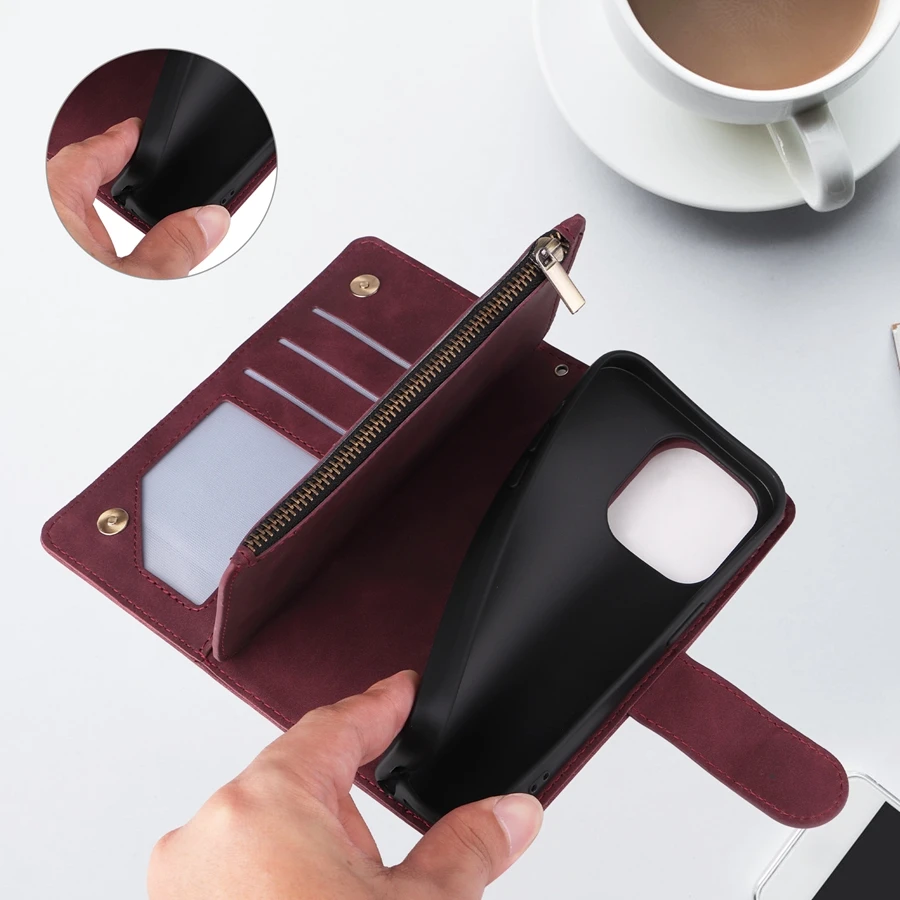Luxurious Multi-Card Zipper Magnetic Flip Leather Wallet Case
