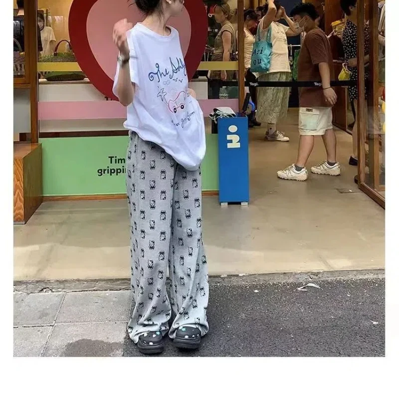 Preppy Style Summer Women's 2024 New Spliced Pocket Printed Drawstring Fashion Loose Comfortable Casual All-match Wide Leg Pants