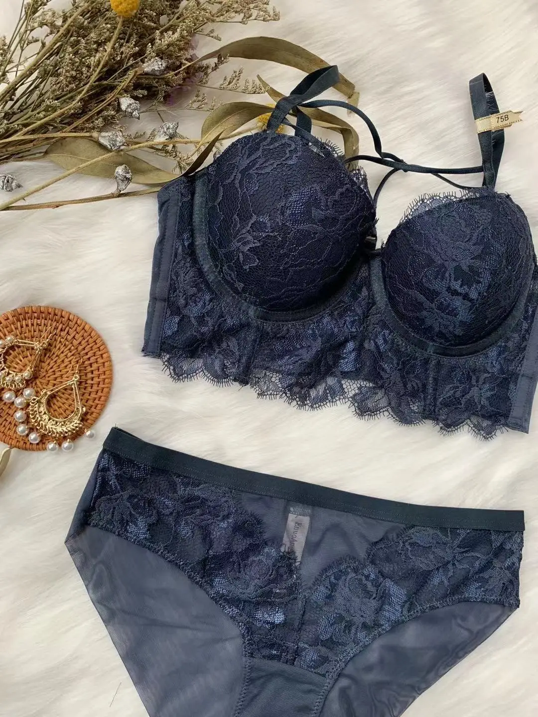 Lace Strappy Embroidered Lingerie Intimates Two-pieces Bra Panties Set Hollow Out Underwear Set