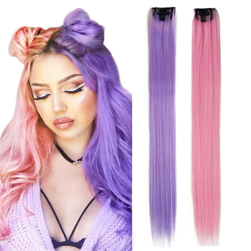 Korean Girls Clip in Hair With Nets Extensions 2Packs Synthetic Thick Rainbow Hair Accessories 55CM Rainbow Color Hairpiece Wigs