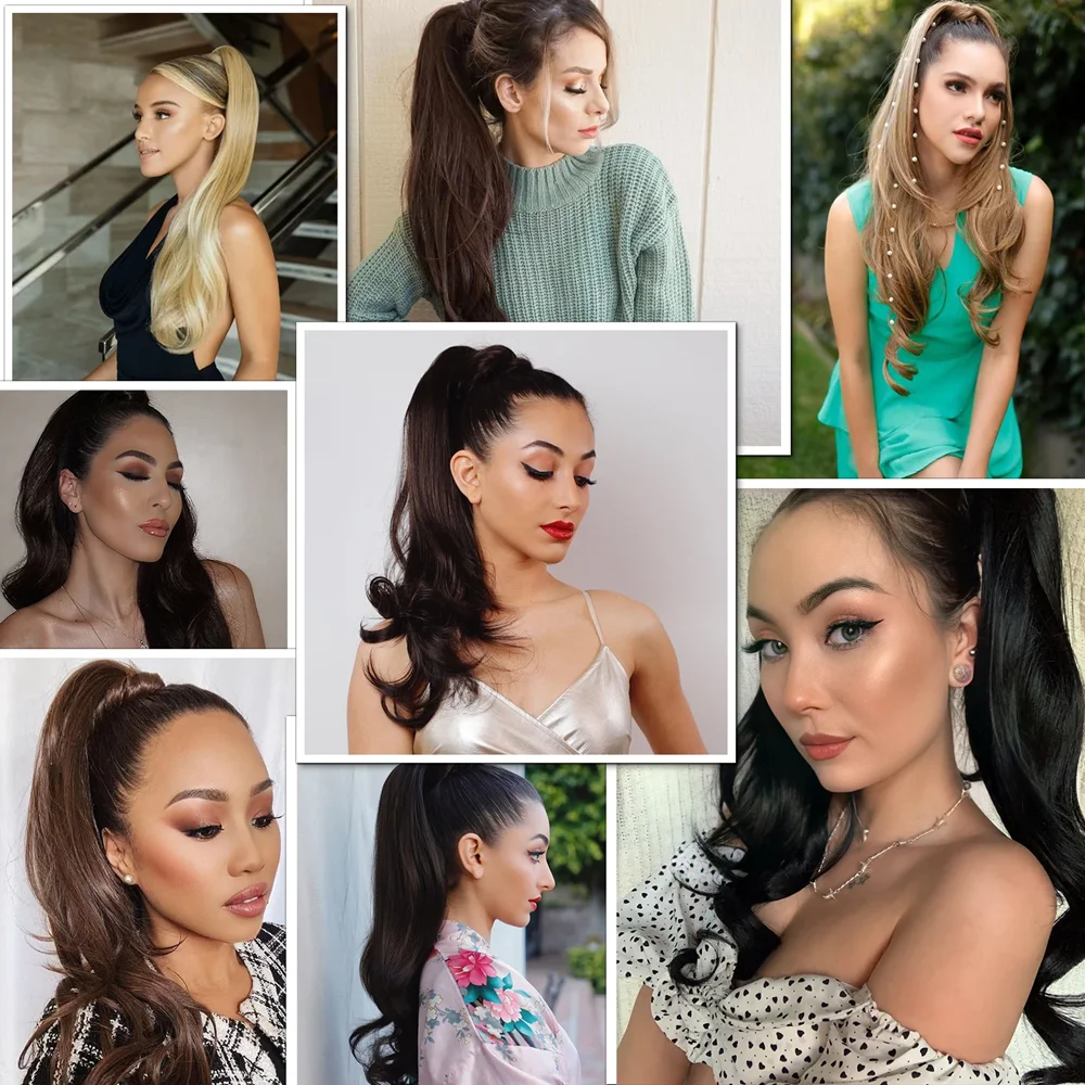 Flexible Wrap Around Ponytail Extension 32 Inch Long Curly Wavy Ponytail Black Flexible Synthetic Fake Pony Tails Hair For Women
