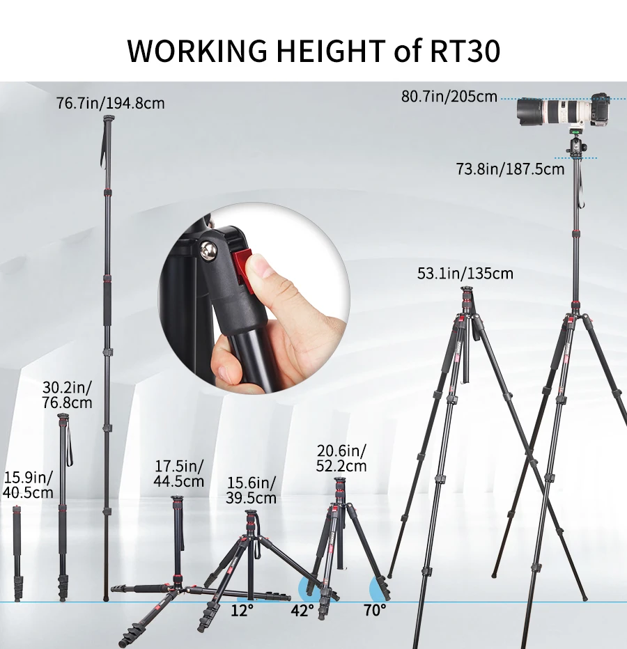 RT30 Tripod  Fast Flip Buckle Height 197cm/77.6in Monopod Aluminium Alloy Profes