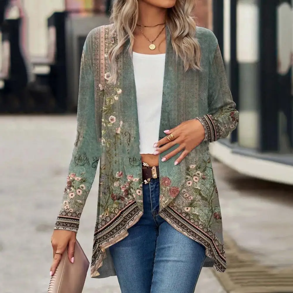 

Collarless Mid-length Coat Floral Print Collarless Cardigan Coats for Women Stylish Mid-length Outerwear with Irregular Hem Open