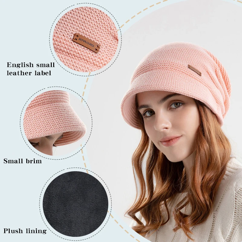 Winter Knitted Women Hat Plus Velvet Fleece Lined Beanie Thick Warm Baggy Cap With Visors Casual Lady Wide Brim Baseball Cap 2