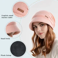 Winter Knitted Women Hat Plus Velvet Fleece Lined Beanie Thick Warm Baggy Cap With Visors Casual Lady Wide Brim Baseball Cap 2
