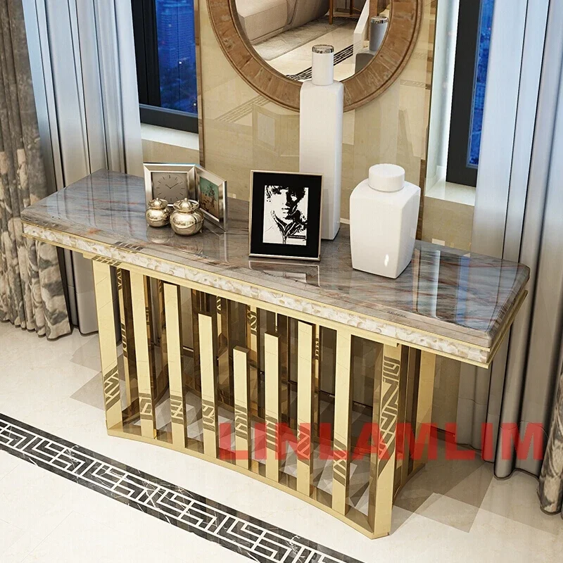 MINGDIBAO Dining Side Table with Sticking Seashells, Natural Marble Stainless Steel End Table, Handmade Coastal Style Furniture