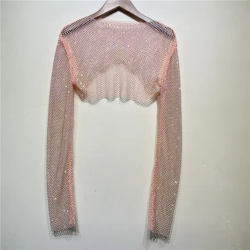Sparkly Crystal Crop Tops For Women Fishnet Hollow Out See Through Cropped Coat Evening Night Club Luxury Top Party Wear