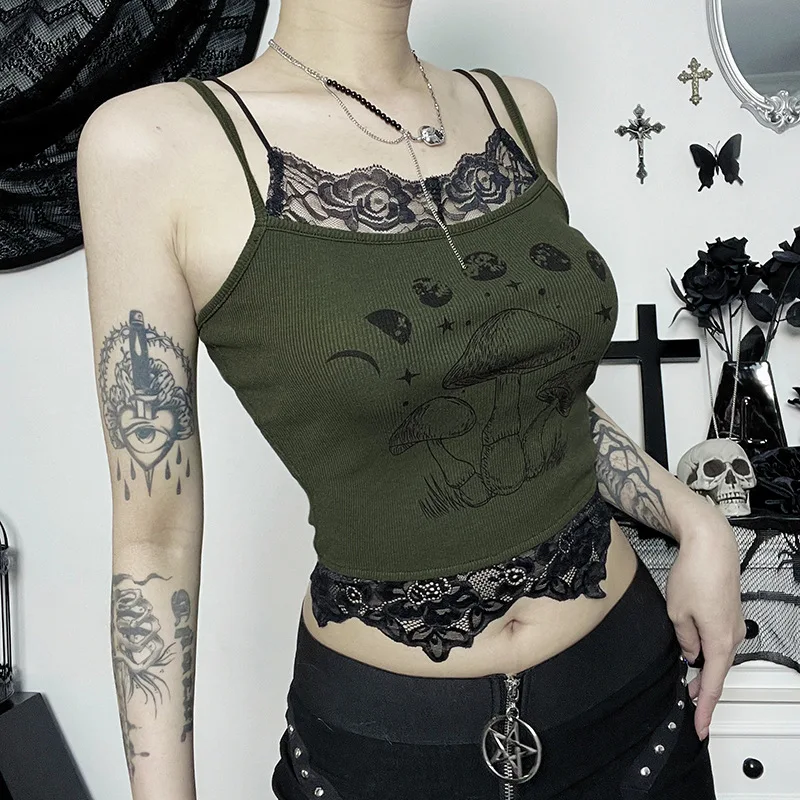 

Summer Women Tank Top Ins Y2K Lace Trim Patchwork Camis Sexy Grunge Print Spaghetti Strap Crop Tops Spice Girls Lingerie Bustier