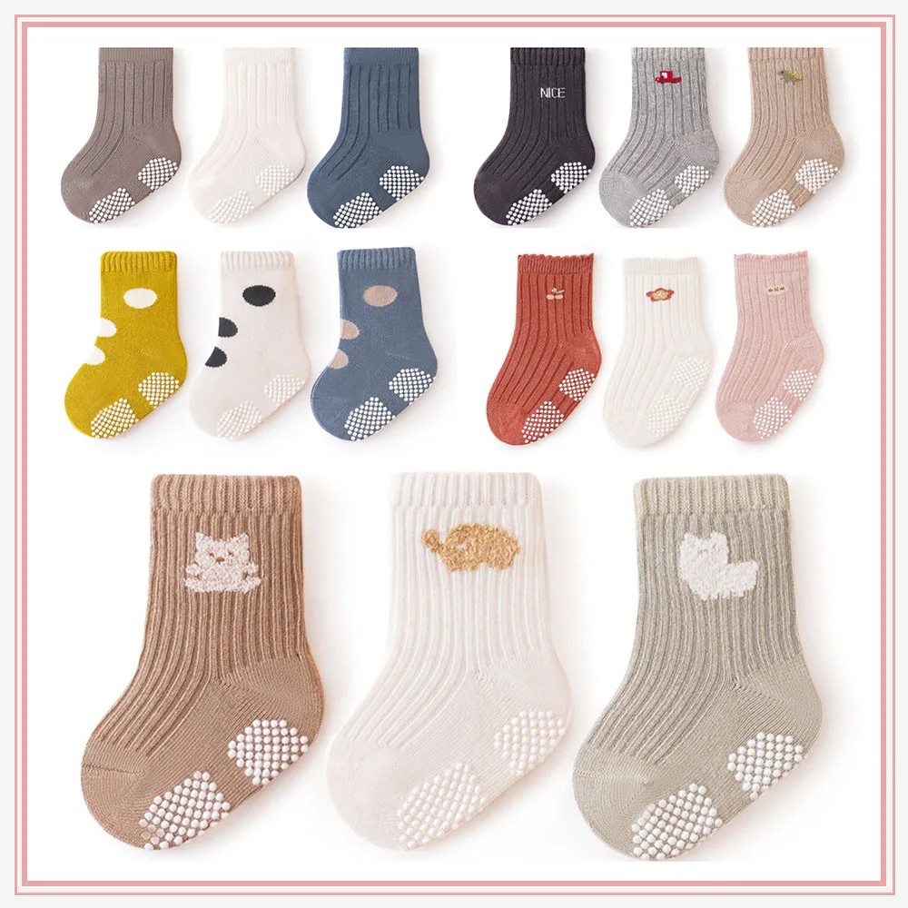 

3 Pairs Casual Cartoon Infant Socks Soft Cotton Middle Tube Kid Stocking Non-Slips Floor Socks for Infant Toddler Boy Girl Sock