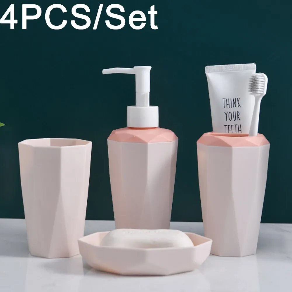 Toothbrush Cup Set 4PCS Diamond Shape Plastics Bathroom Accessories Sets Nordic Matte Toothbrush Holder Cup Soap Dispenser Bathroom Kit Toothbrush Case Toothbrush Storage Rack Toothbrush Storage Box Mouthwash Dispenser