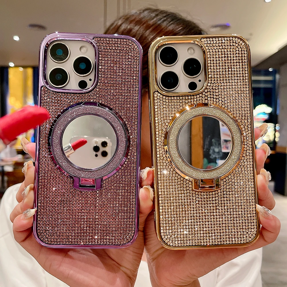 iPhone Case Plating Glitter Rhinestone Magnetic Mirror Bracket Stand Case for iPhone 16 Pro Max 15 14Plus 13 12 11 for Magsafe Diamond Cover