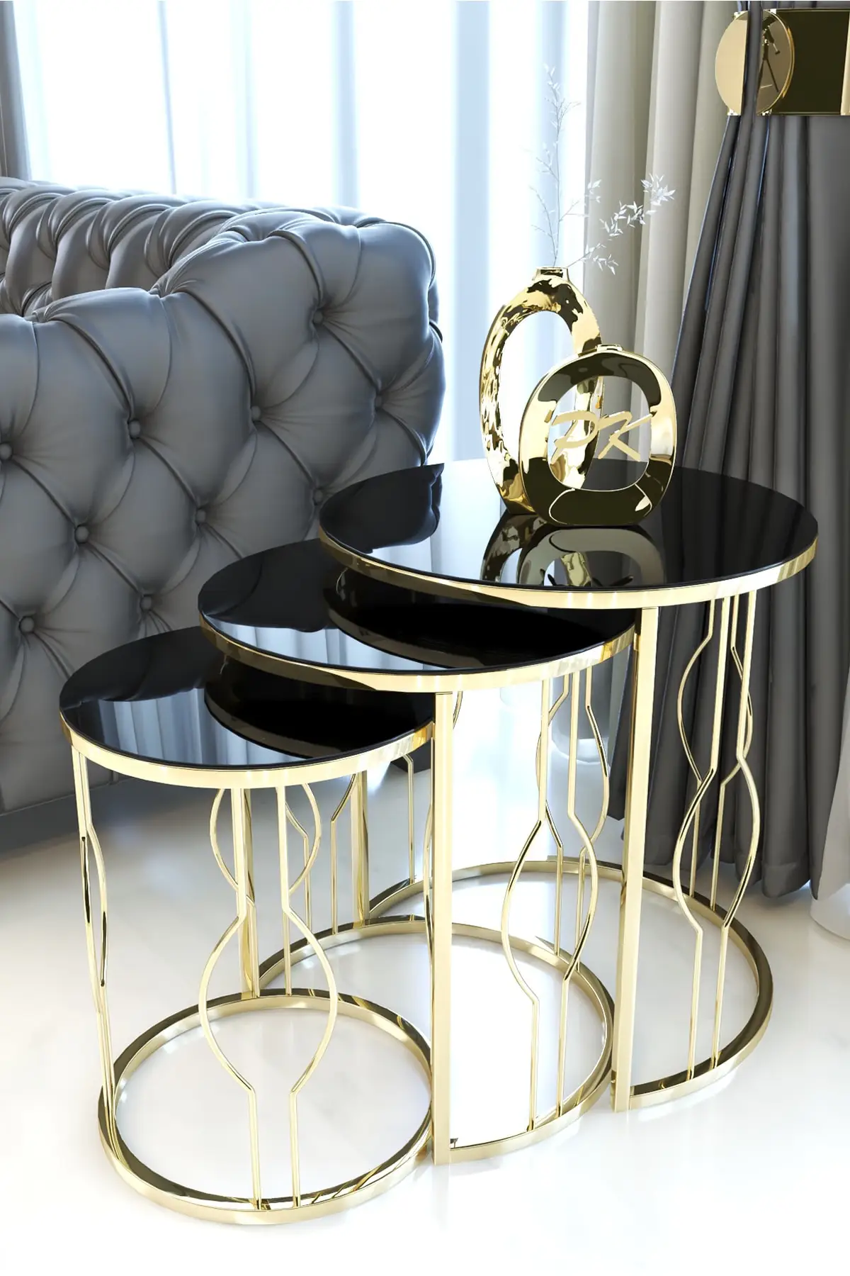 طاولة Gigogne en métal Doré incasable verre noir m...
