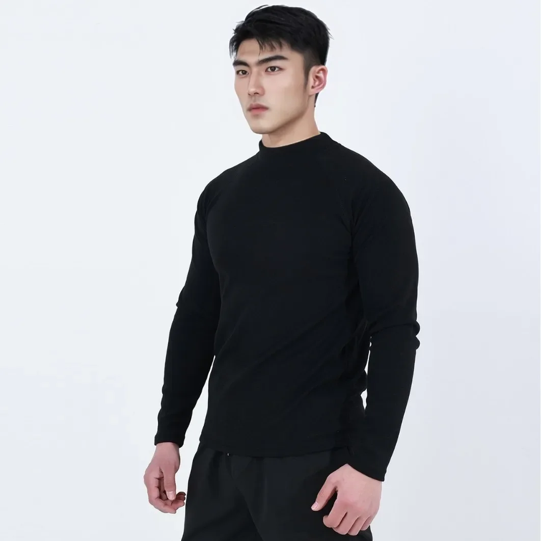 Winter High Collar Cationic Velvet Warm Slim Fit round Neck Sports Fitness High Elastic Long Sleeve T Shirt Baseball Game Shirt
