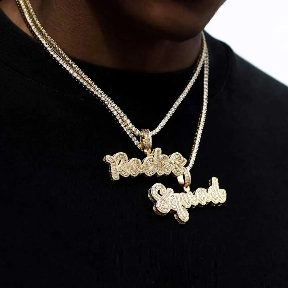 Hip Hop Name Custom Pendant New Style Bling Rectangular Drill CZ Stone Personalized Cursive Letter Necklace