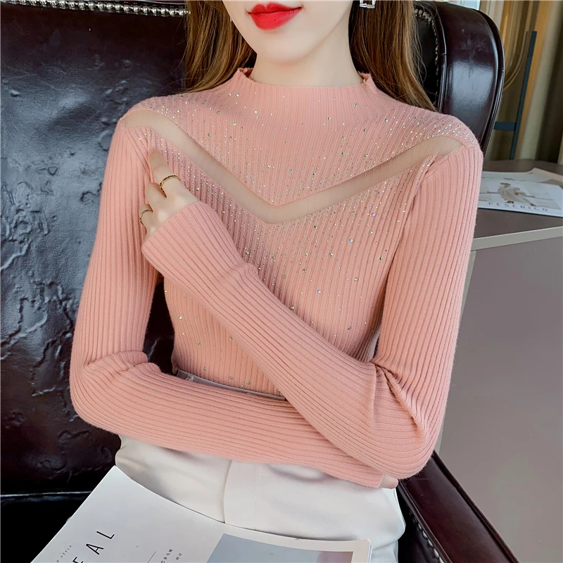 

Женский сетчатый пуловер с вышивкой и бусинами, свитер, женская одежда, осенняя повседневная трикотажная одежда для девушек, женские офисные свитера Py2620