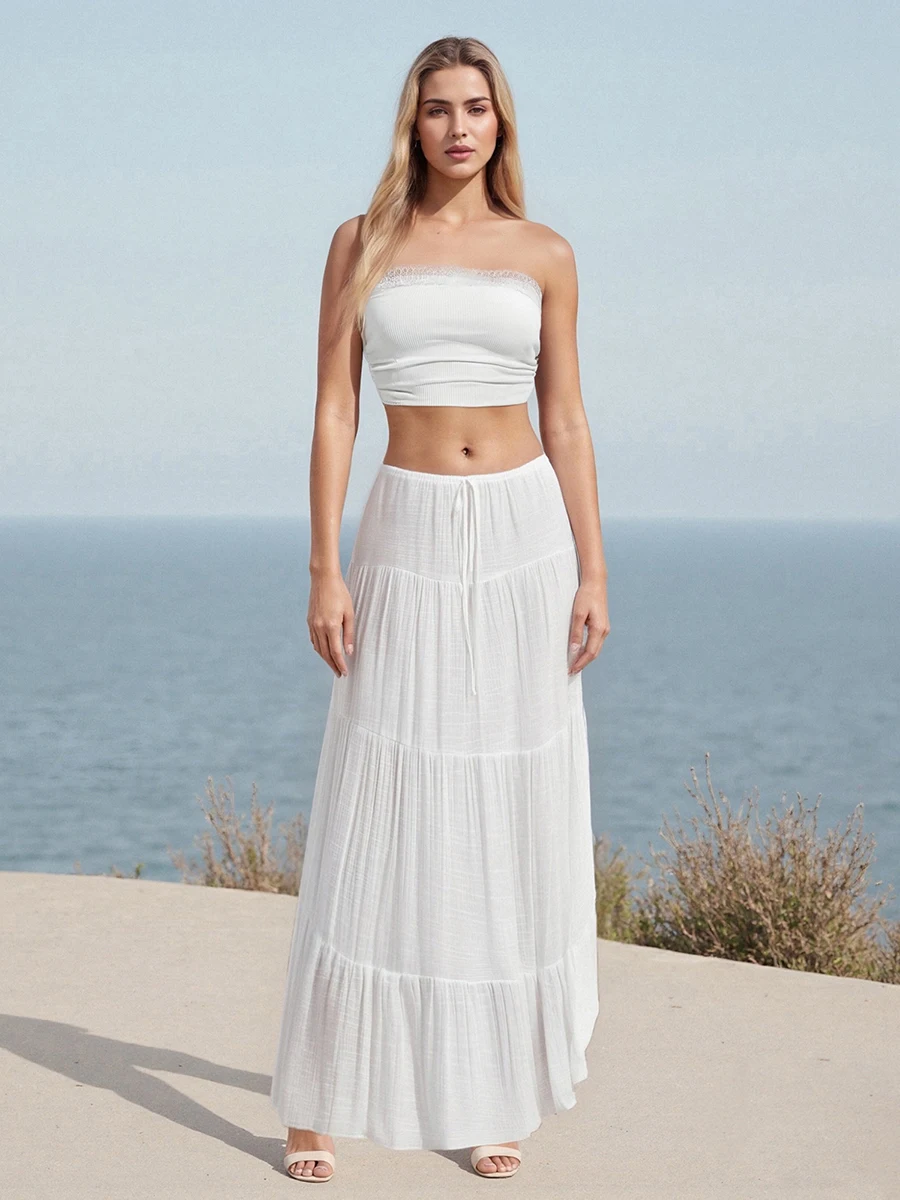 Women s Solid Color Tiered Ruffled Long Skirt with Elastic Waistband for Sun Protection and Beach Cover Up