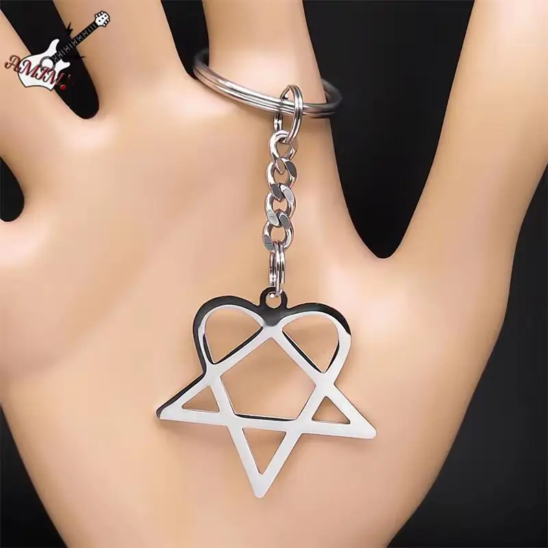 Heartagram Star Heart Key Ring - Stainless Steel Silver Keychain & Bag Charm Jewelry Gift