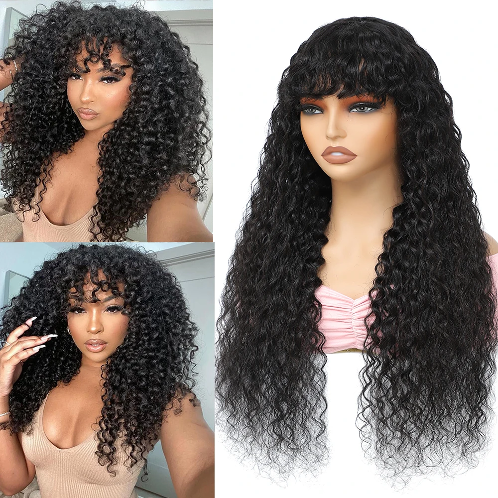 Water Wave Wig With Bangs Curly Hair Long Brazilian Full Machine Made Wigs Human Hair Wigs For Black Women 18-32inch Cheap Wigs