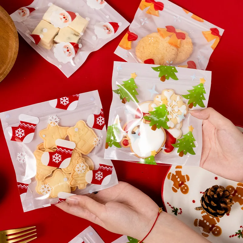 

50PCS Christmas Square Self-sealing Zipper Bag Handmade Cookie Snowflake Baking Packaging Bag Storage Bag Gift Bag Ssnack Bag