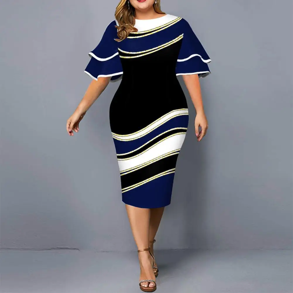

Plus Size Dresses 2021 Autumn Elegant Layered Bell Sleeve Evening Party Dress Ladies Chic Geometric Print Club Dress 3XL 4XL 5XL