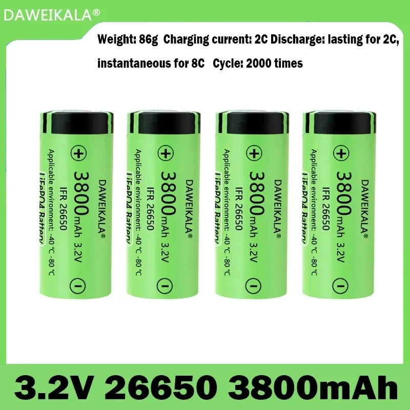 Batterie V26650 3.2 Mah, Grande Capacité 3800 Continuo 2C Décharge Maximale 8C Fer (Iii) Fosfato Cellule Al Litio