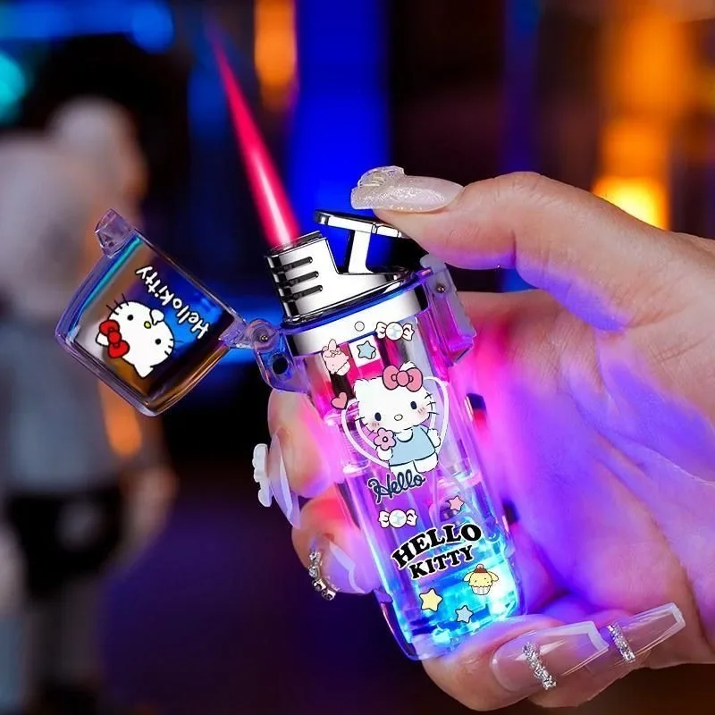 

Hello Kitty Kuromi Sanrio Cinnamoroll Cartoon Cute Glowing Transparent Lighter Creative Kawaii Windproof Cigarette Lighter Gift