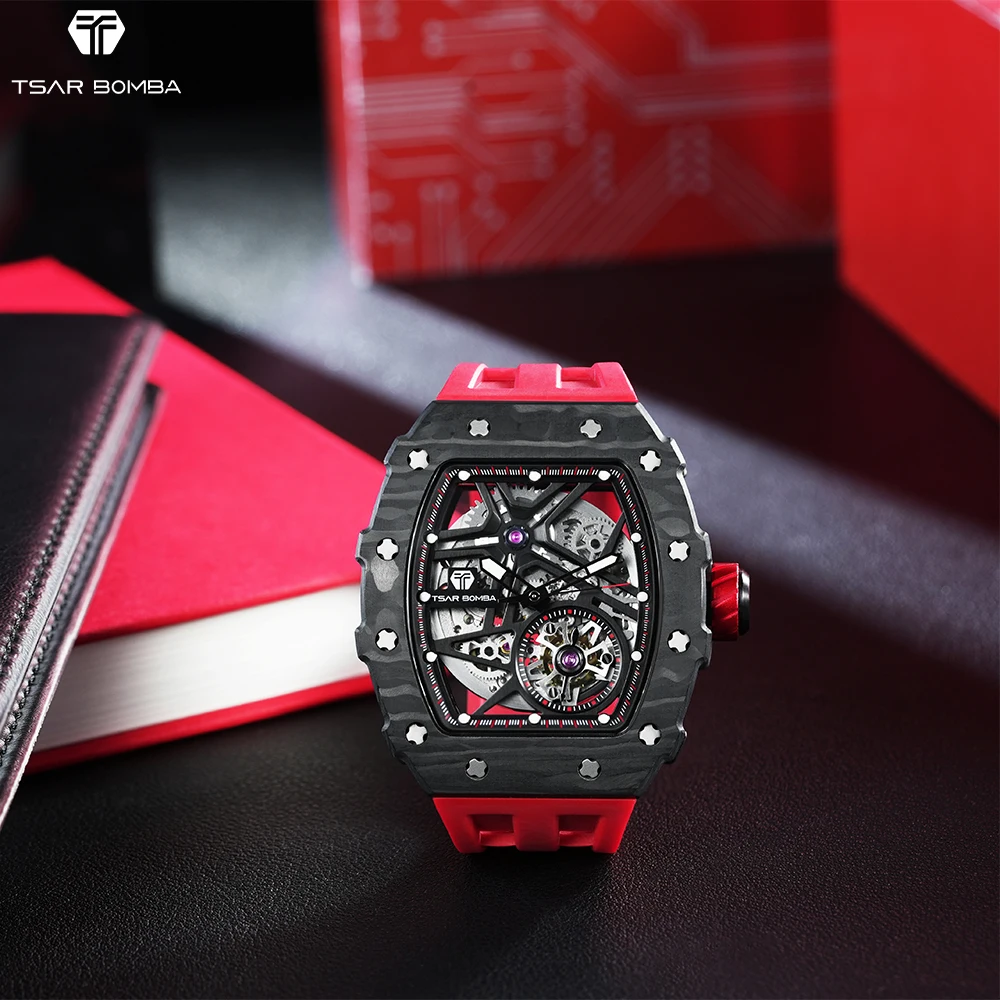 TSAR BOMBA Men Automatic Luxury Carbon Fiber Men Fashion Trend Watch Sapphire Glass Skeleton Design Clock