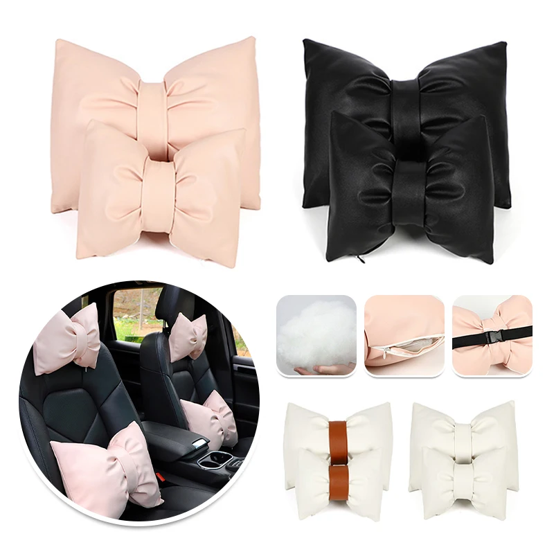 크리 에이 티브 Bowknot PU 가죽 자동차 좌석 베개 핑크/화이트/블랙 자동차 머리 받침 목 베개 코튼 컴포트 쿠션 자동차 인테리어 여성