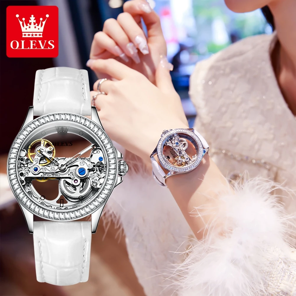 OLEVS Fully Hollow Watch for Women Automatic Mechanical Women's Watches Luminous Luxury Stainless Steel Diamond Inlay Wristwatch