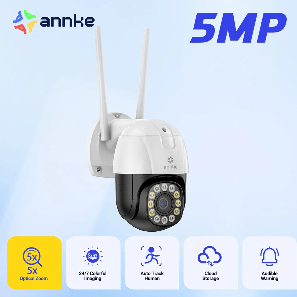 

ANNKE 5MP 5X Optical Zoom PTZ 2.4 GHz Wi-Fi Security Camera PT Color Night Vision Two-Way Audio Works with Alexa Waterproof