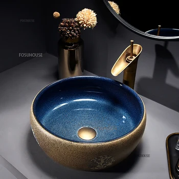 โมเดิร์นเฟอร์นิเจอร์ห้องน้ําพอร์ซเลนสีฟ้าและสีขาวแพลตฟอร์มเซรามิค Art อ่างล้างหน้าบ้านห้องน้ําระเบียงอ่างล้างหน้าอ่างล้างจานห้องน้ํา 1