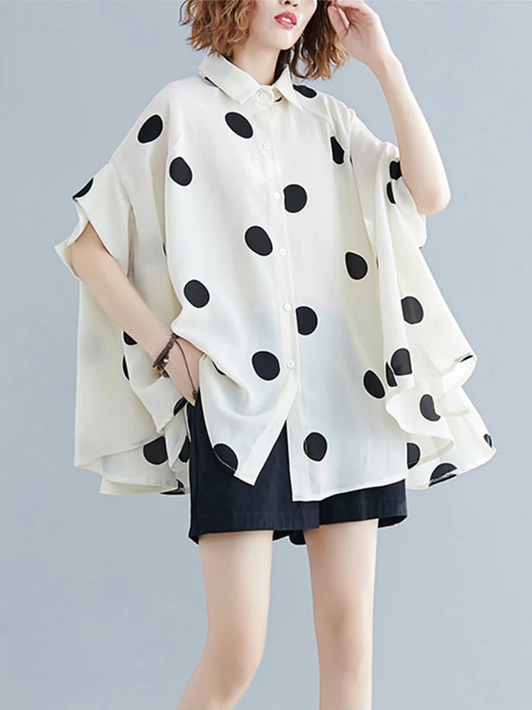 Black Vintage Polka Dot Print Blouse Women New Chiffon Lapel Short Sleeve Loose Casual Shirt Tops Fashion Summer Clothes 2025
