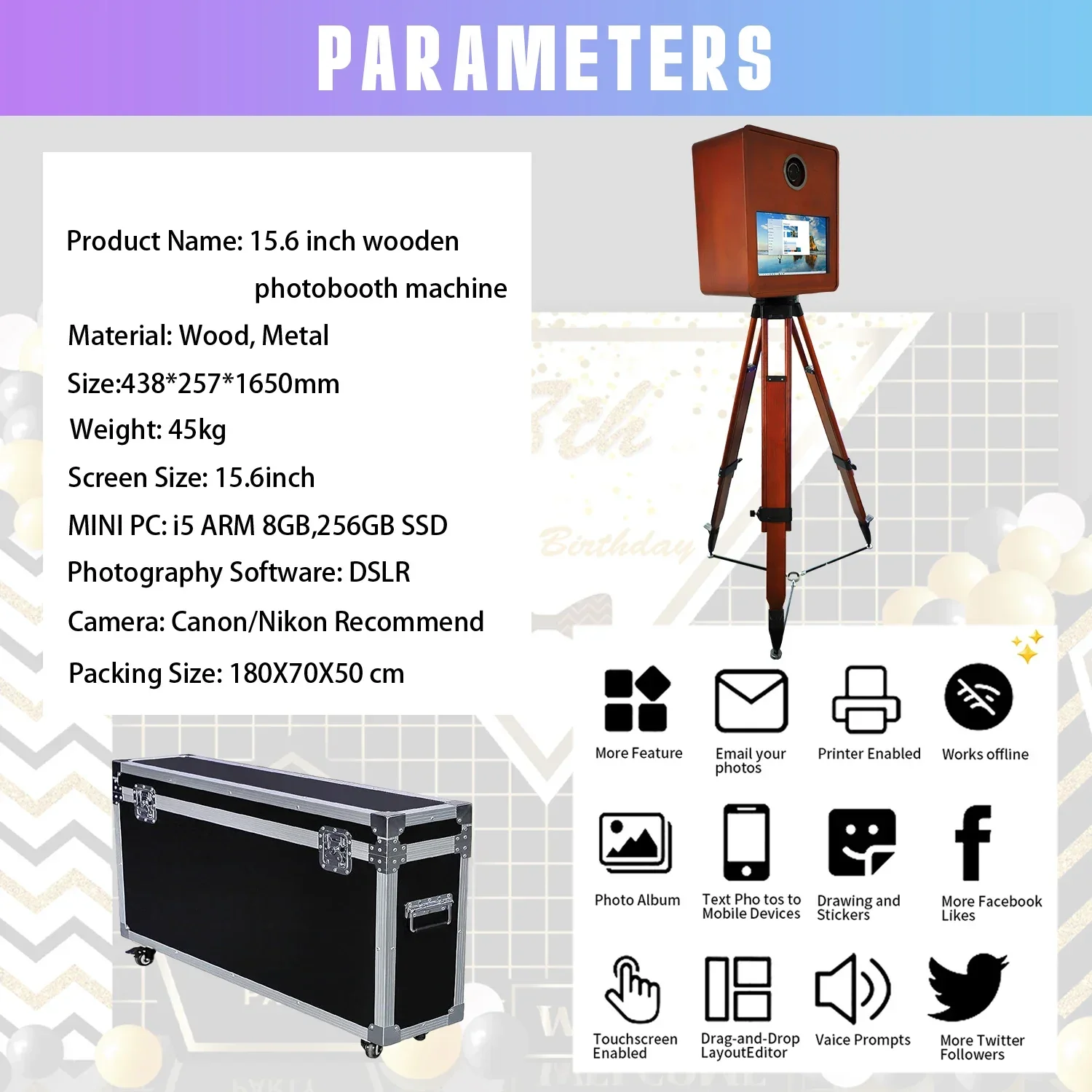 Portable Retro Wooden Mirror Photo Booth with 15.6 Touch Screen DSLR Photobooth Machine with Flight Case for Wedding Party Event S74debdf3768745e59a2e4da3b237029bz