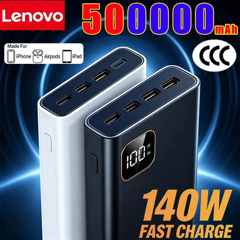 Lenovo 2026 140W Power Bank 500000mAh Super Fast Charging High Capacity CCC Portable Battery for iPhone Samsung Huawei