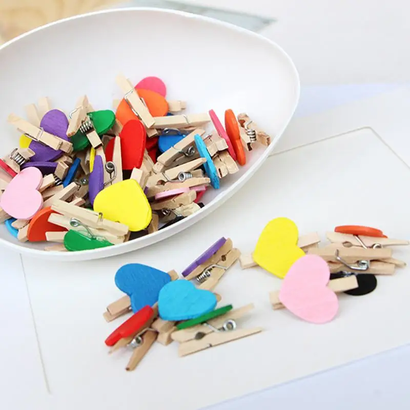 Wood Clothes Pins 50pcs Wooden Laundry Pegs Heart Shaped Mini Photo Clip 3cm Color Love Clip For Home Decoration clothes pegs
