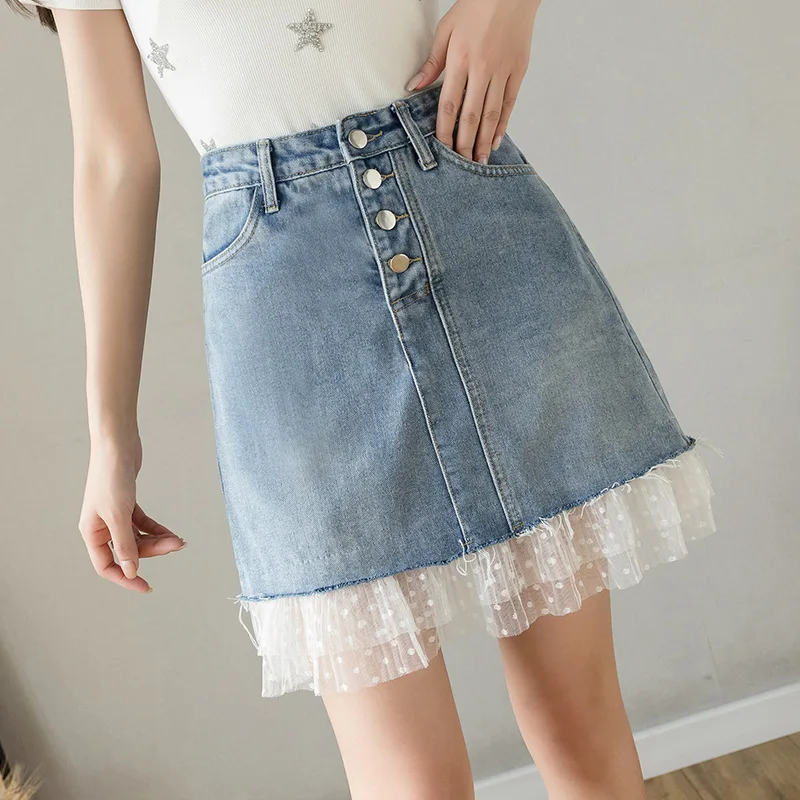 tartan skirt 2022 Spring/summer Denim Stitching Mesh Versatile Denim Skirt A-word Skirts The Fair Maiden Wind High street style for women purple skirt Skirts