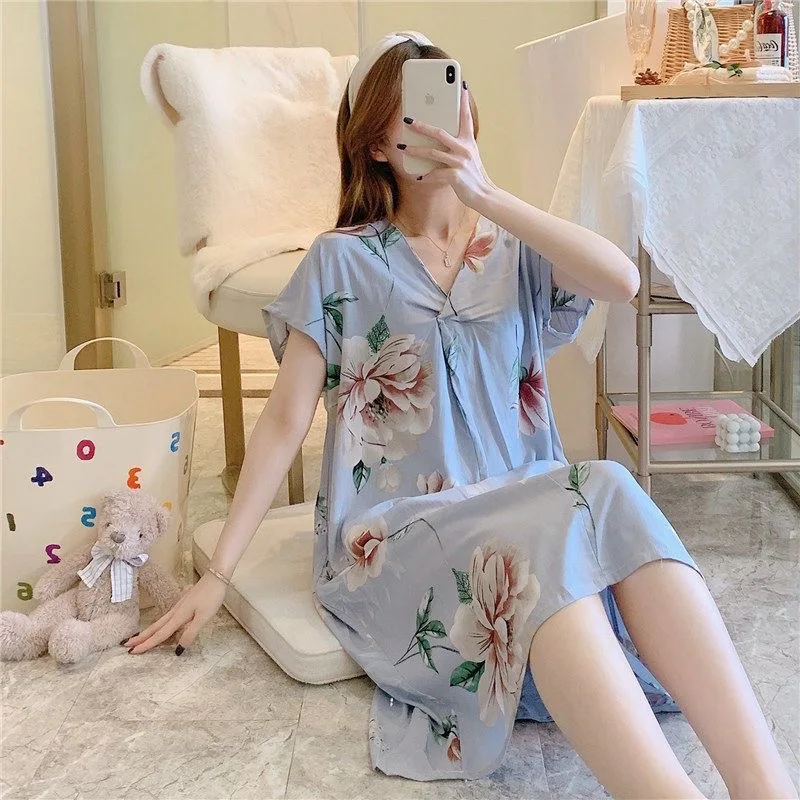 ملابس نوم نسائية فستان نوم قطن حريري للسيدات صيفي...