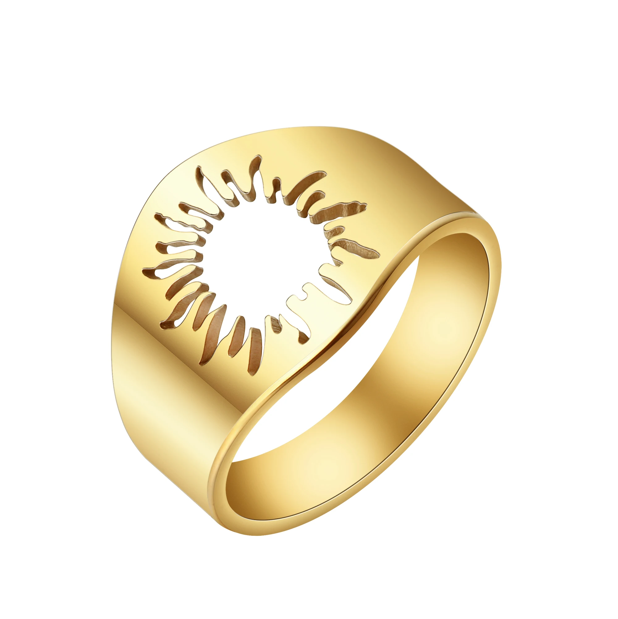 Kinitial April Stainless Steel Sun Signet Ring Sunflower Ring Round Signet Ladies Simple Ring