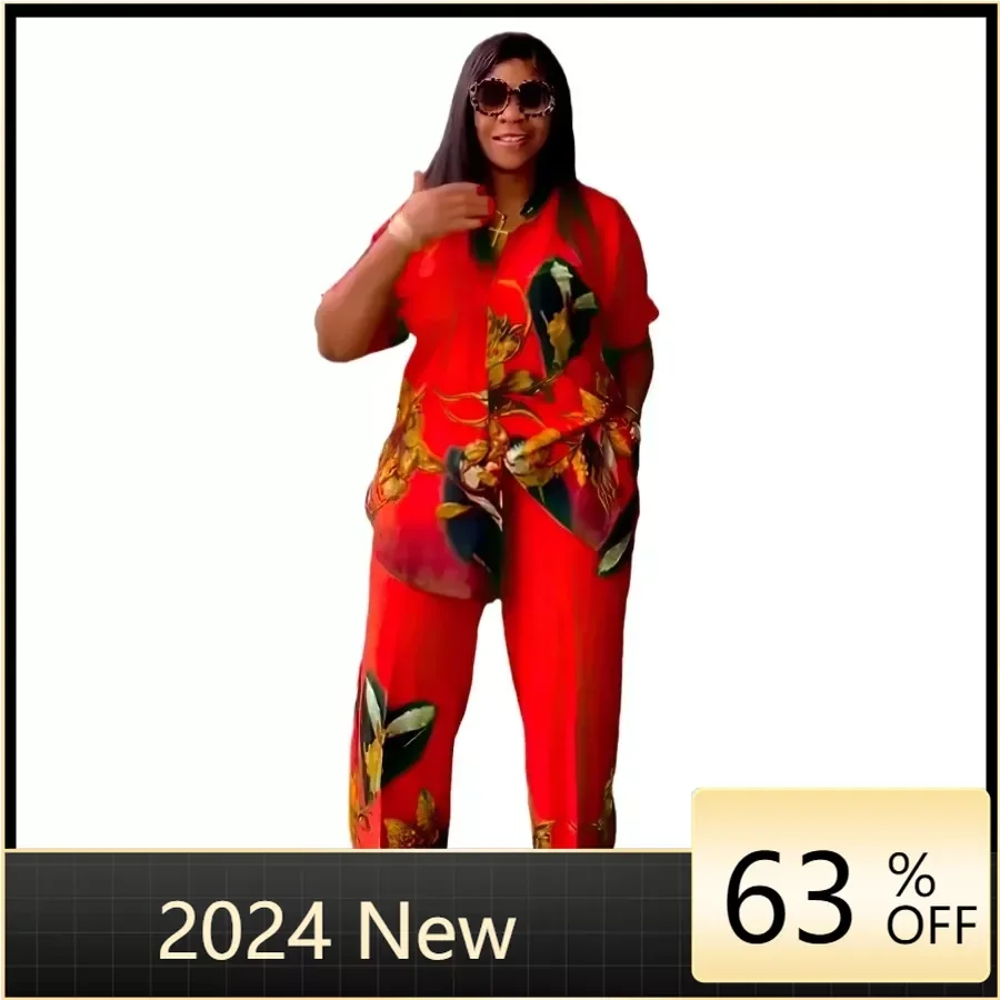 

2 Piece African Clothes for Women Summer 2024 Fashion African Short Sleeve Polyester Print Top Long Pant Matching Sets Outfits
