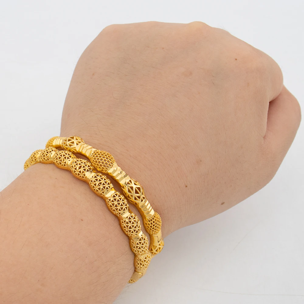 

2pcs Gold Color Bracelets Ring Arab Middle East Dubai Bangle for Women Indian New Bohemian Charm Luxury Wedding Bride Jewelry