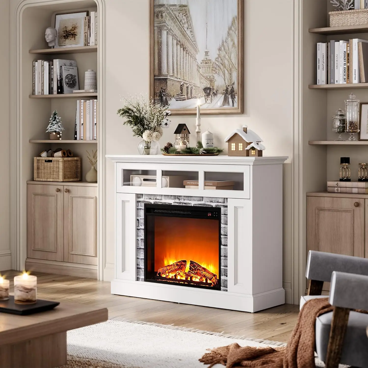 Electric Fireplace Mantel, LED Faux Fireplace Heater with Remote Control & Adjustable Flame, TV Console Table 6